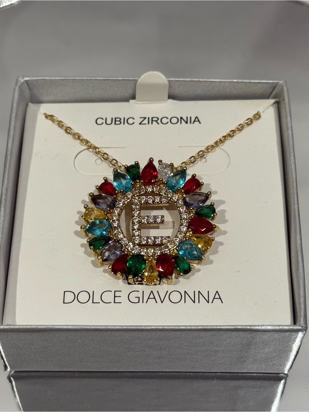 Gold Tone Multicolor Cubic Zirconia Pendant Necklace Letter E.